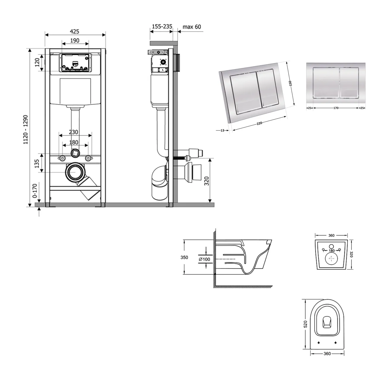 Готовое решение Qtap для ванной комнаты: подвесной унитаз Swan Ultra Quiet 520x360x320 + комплект инсталляции Nest 4 в 1 (квадратная клавиша Chrome) Фото - 1