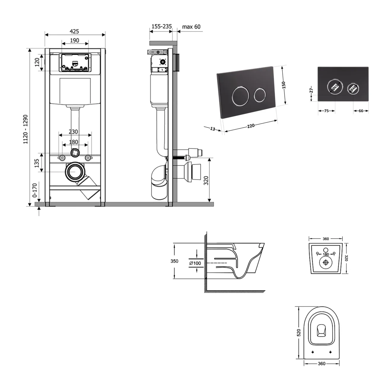 Готове рішення Qtap для ванної кімнати: підвісний унітаз Jay Ultra Quiet 520x360x320 + комплект інсталяції Nest 4 в 1 (кругла клавіша Black mat) Фото - 1