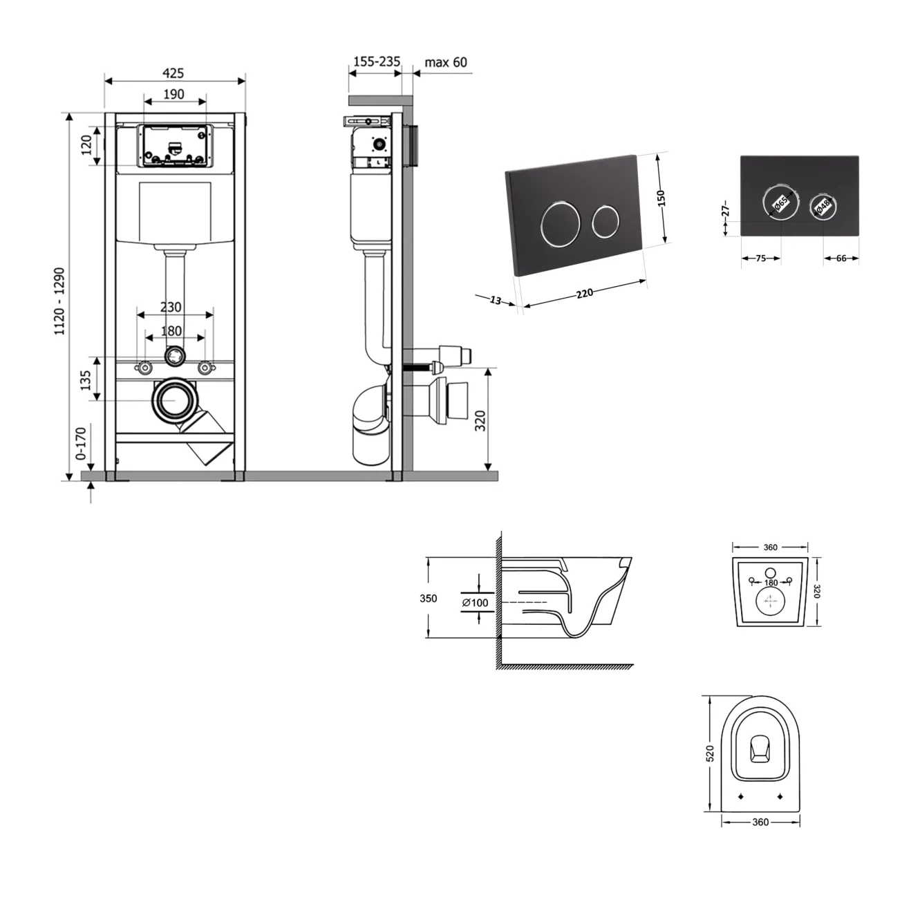 Готове рішення Qtap для ванної кімнати: підвісний унітаз Swan Ultra Quiet 520x360x320 + комплект інсталяції Nest 4 в 1 (кругла клавіша Black mat) Фото - 1