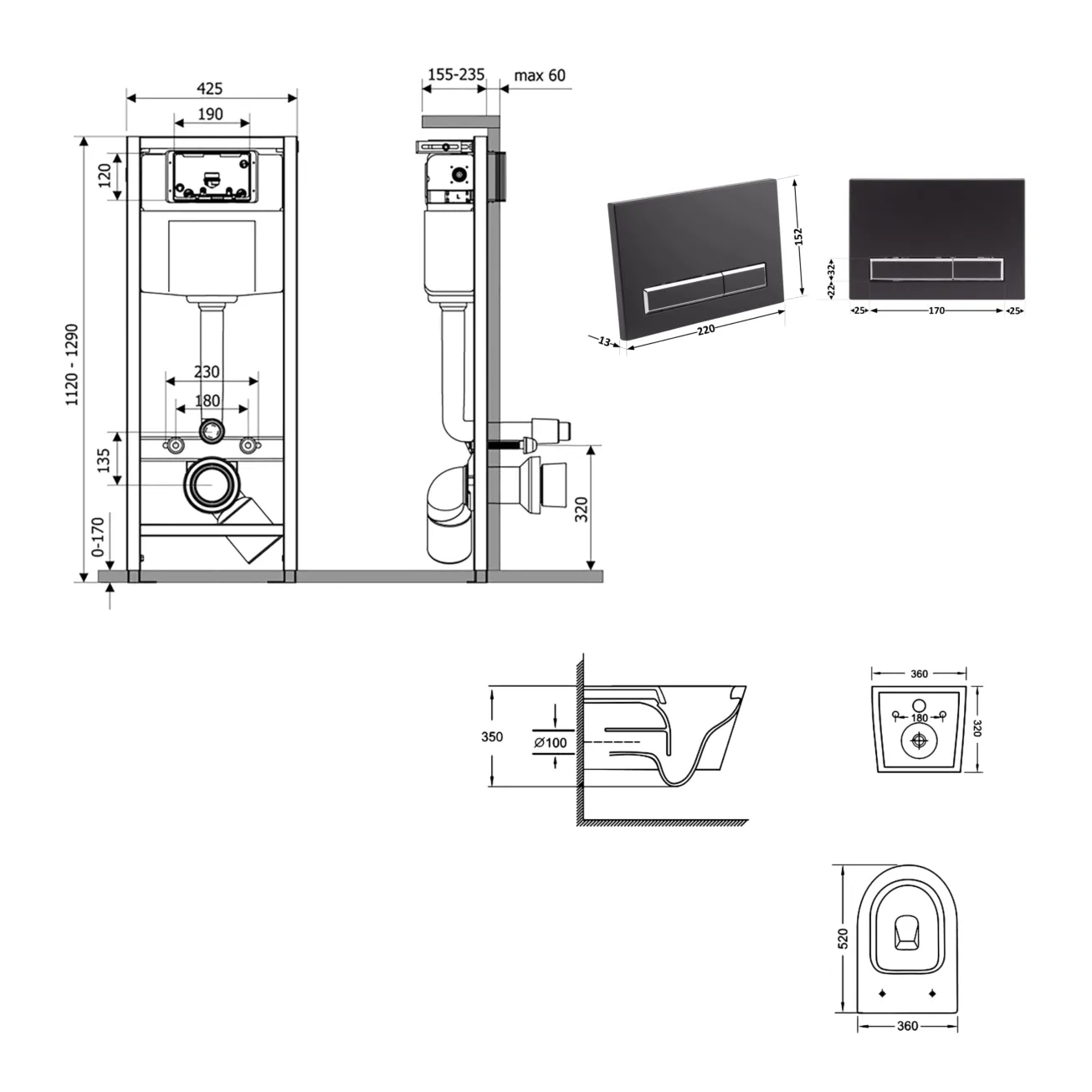 Готовое решение Qtap для ванной комнаты: подвесной унитаз Jay Ultra Quiet 520x360x320 + комплект инсталляции Nest 4 в 1 (линейная клавиша Black mat) Фото - 1
