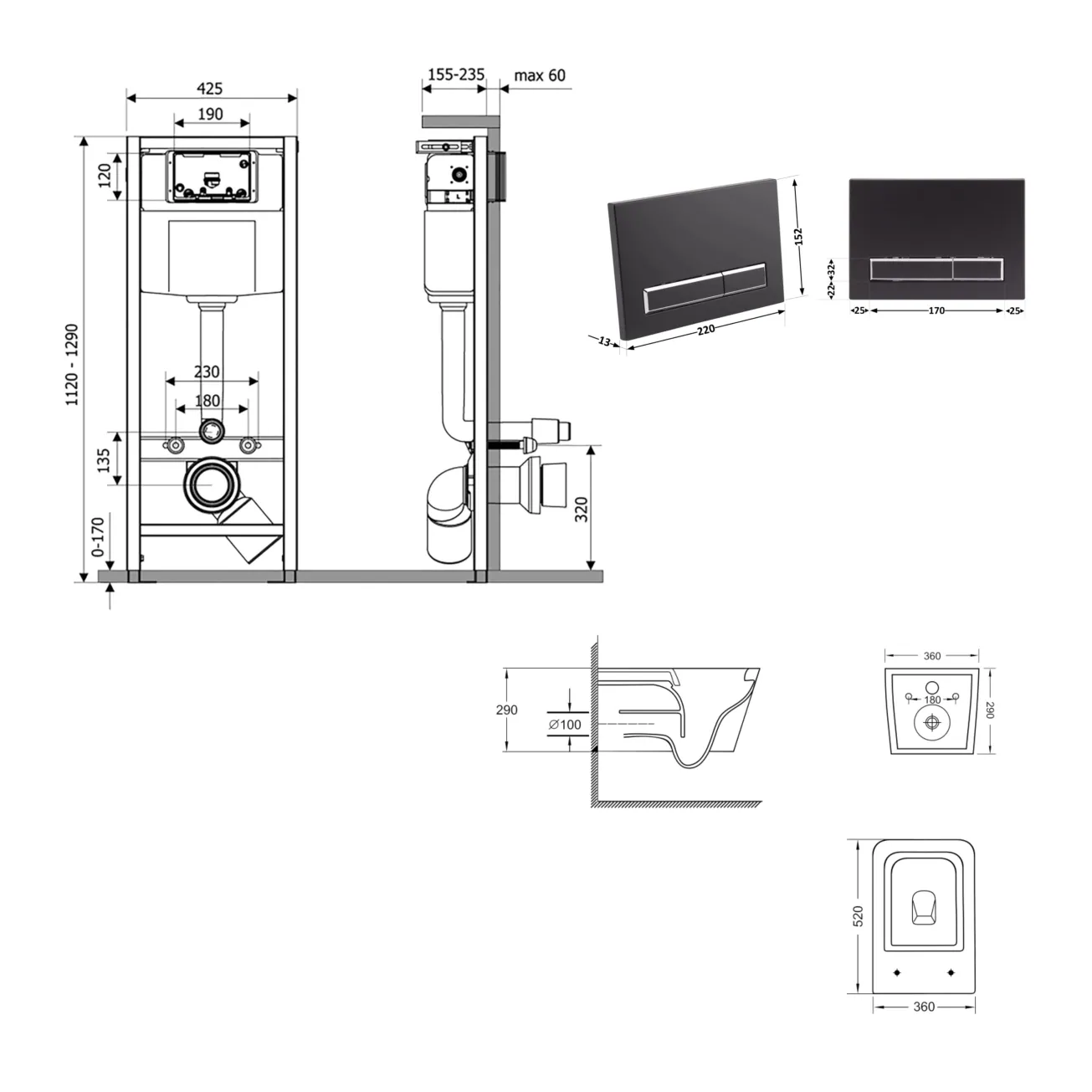 Готове рішення Qtap для ванної кімнати: підвісний унітаз Crow Ultra Quiet 520x360x290 + комплект інсталяції Nest 4 в 1 (лінійна клавіша Black mat) Фото - 1