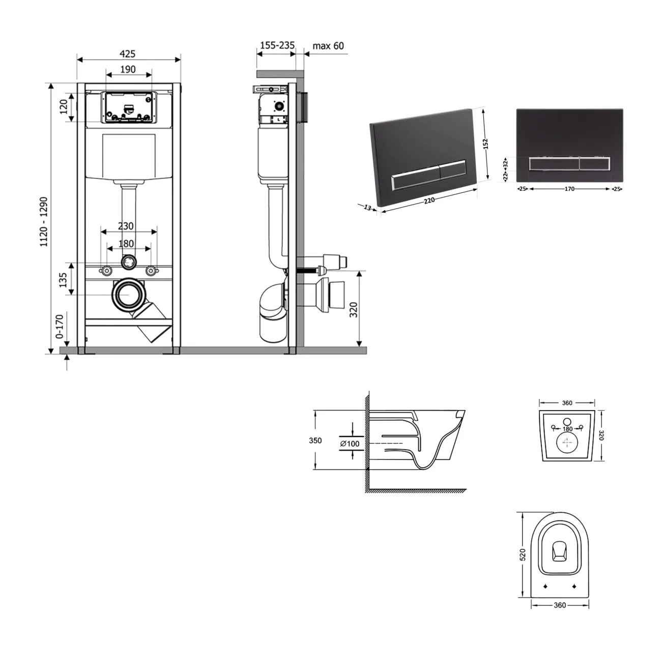 Готове рішення Qtap для ванної кімнати: підвісний унітаз Swan Ultra Quiet 520x360x320 + комплект інсталяції Nest 4 в 1 (лінійна клавіша Black mat) Фото - 1