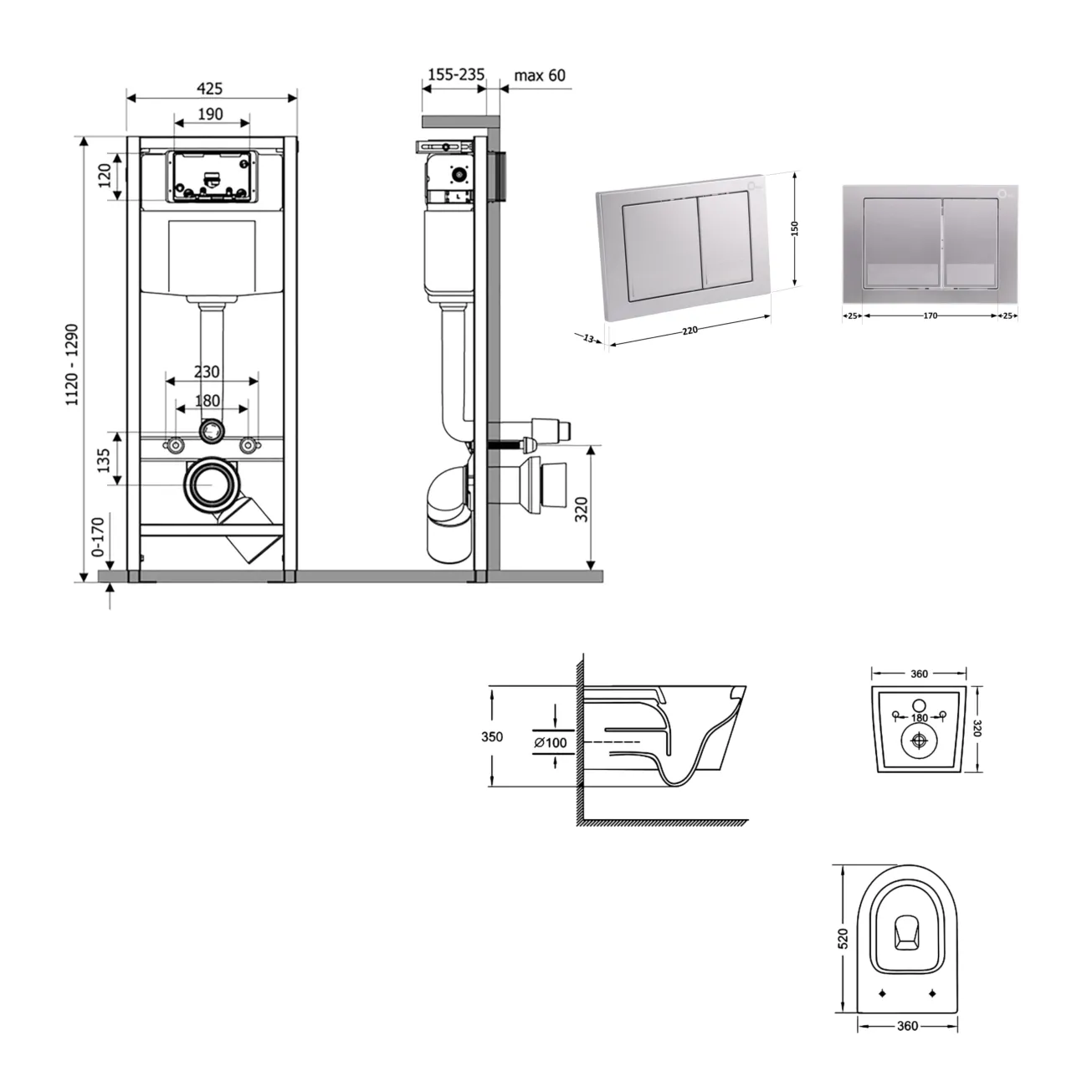 Готове рішення Qtap для ванної кімнати: підвісний унітаз Jay Ultra Quiet 520x360x320 + комплект інсталяції Nest 4 в 1 (квадратна клавіша Satin) Фото - 1