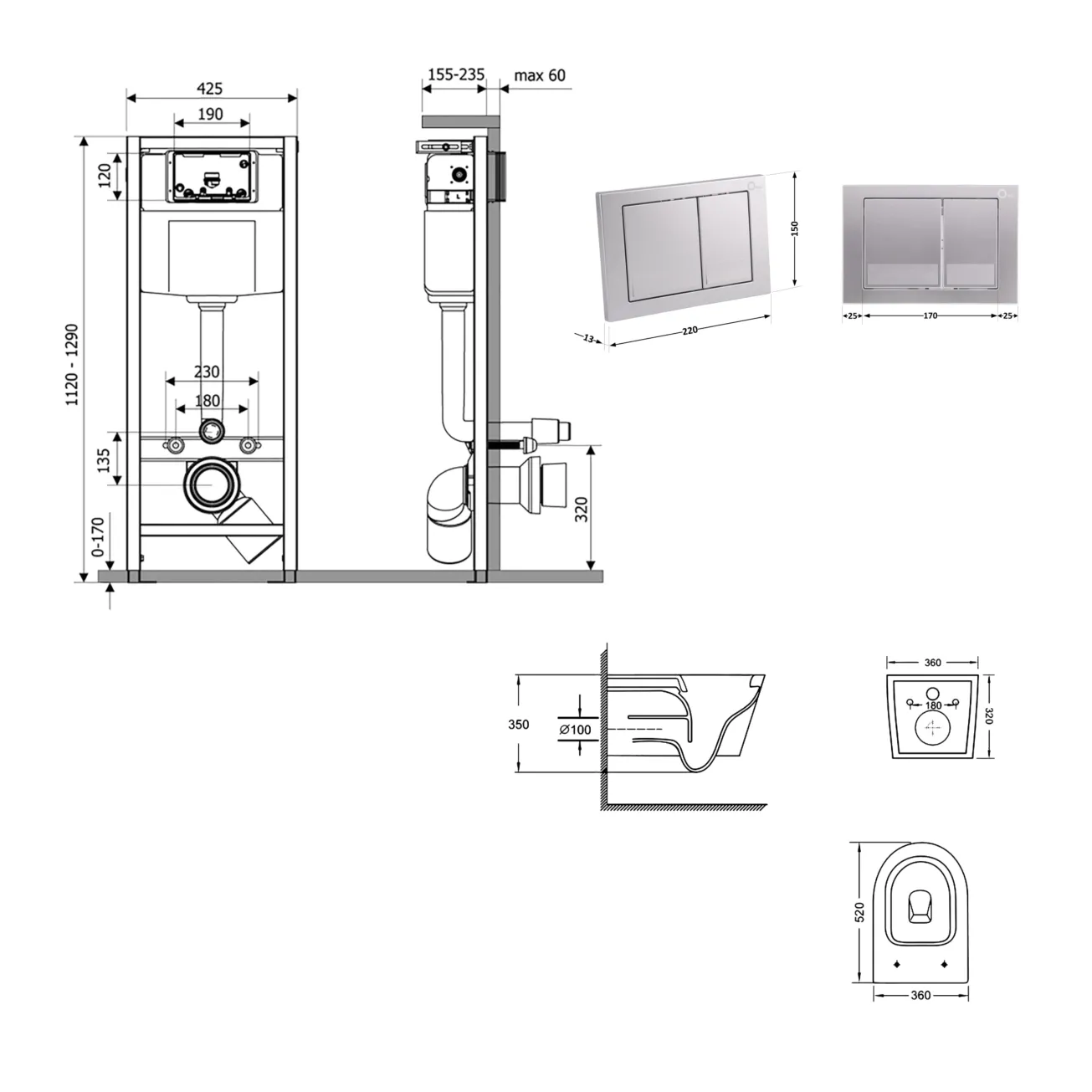 Готове рішення Qtap для ванної кімнати: підвісний унітаз Swan Ultra Quiet 520x360x320 + комплект інсталяції Nest 4 в 1 (квадратна клавіша Satin) Фото - 1