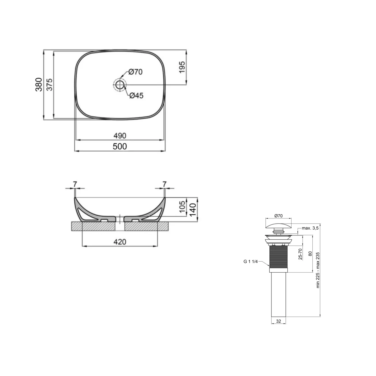 Комплект Qtap Cardinal: Раковина накладная 500×380×140 мм, White, овальная + Донный клапан Pop-up PU02 Фото - 1