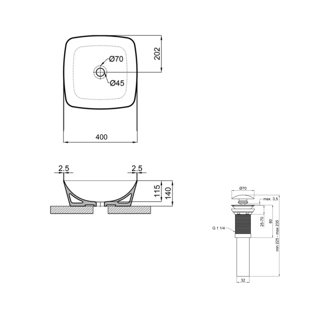 Комплект Qtap Kolibri: Раковина накладная 400x400x140 мм, White, квадратная + Донный клапан Pop-up PU02 Фото - 1
