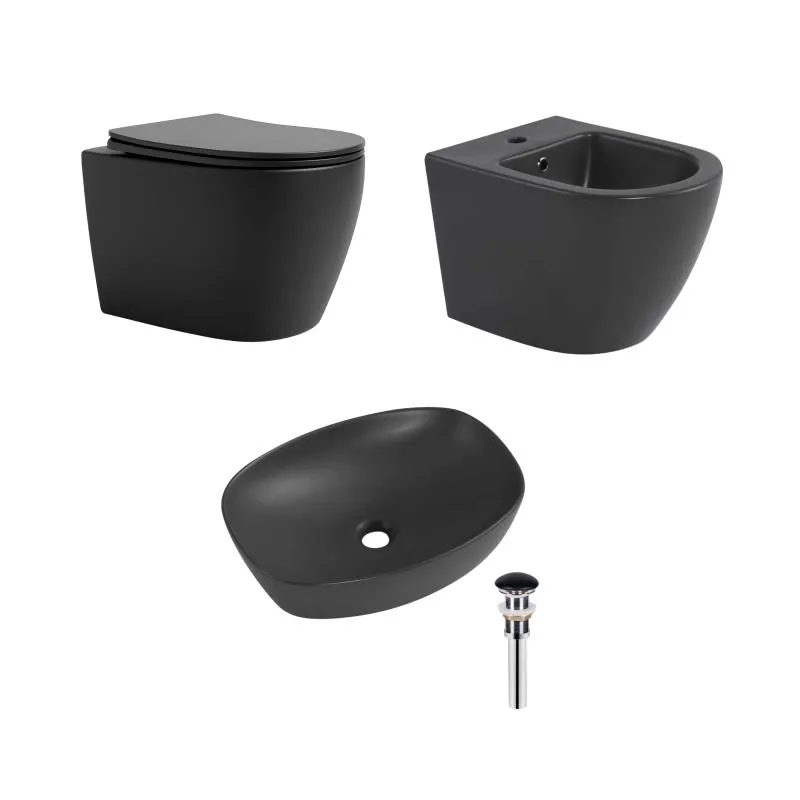 Комплект Qtap Robin Anthracite 3 в 1: підвісний унітаз Ultra Quiet + біде підвісне + раковина накладна QTROBAN49157 (SD00055281)