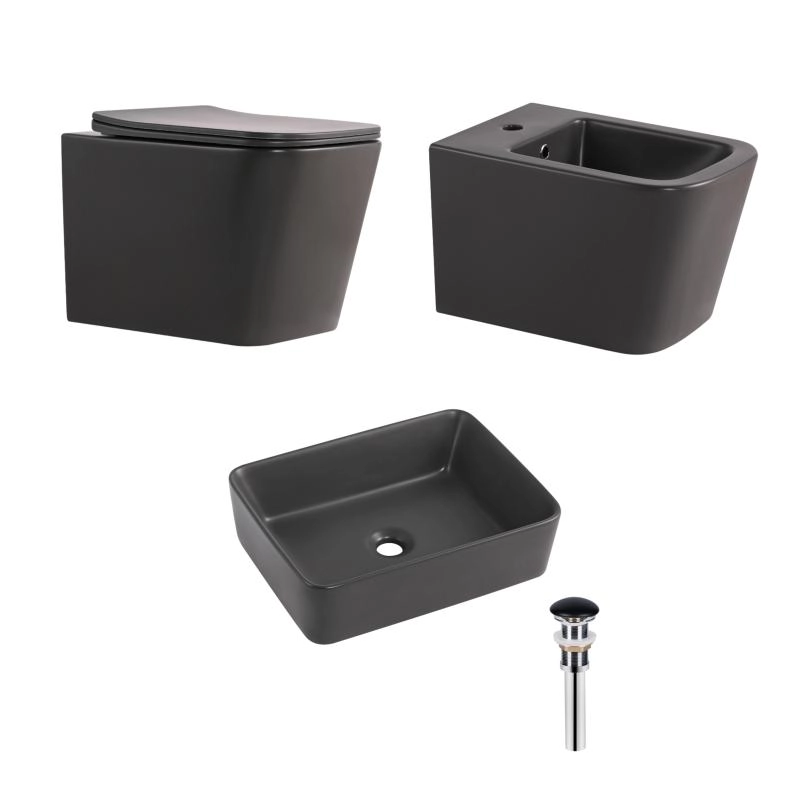 Комплект Qtap Tern Anthracite 3 в 1: підвісний унітаз Ultra Quiet + біде підвісне + раковина накладна QTROBAN49157 (SD00055285)