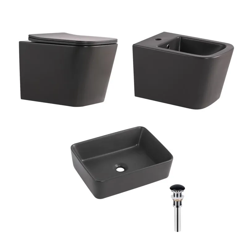 Комплект Qtap Tern Anthracite 3 в 1: подвесной унитаз Ultra Quiet + биде подвесное + раковина накладная QTROBAN49157 (SD00055285)