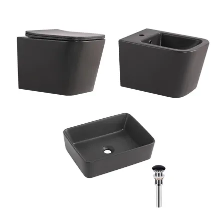 Комплект Qtap Tern Anthracite 3 в 1: підвісний унітаз Ultra Quiet + біде підвісне + раковина накладна QTROBAN49157 (SD00055285)
