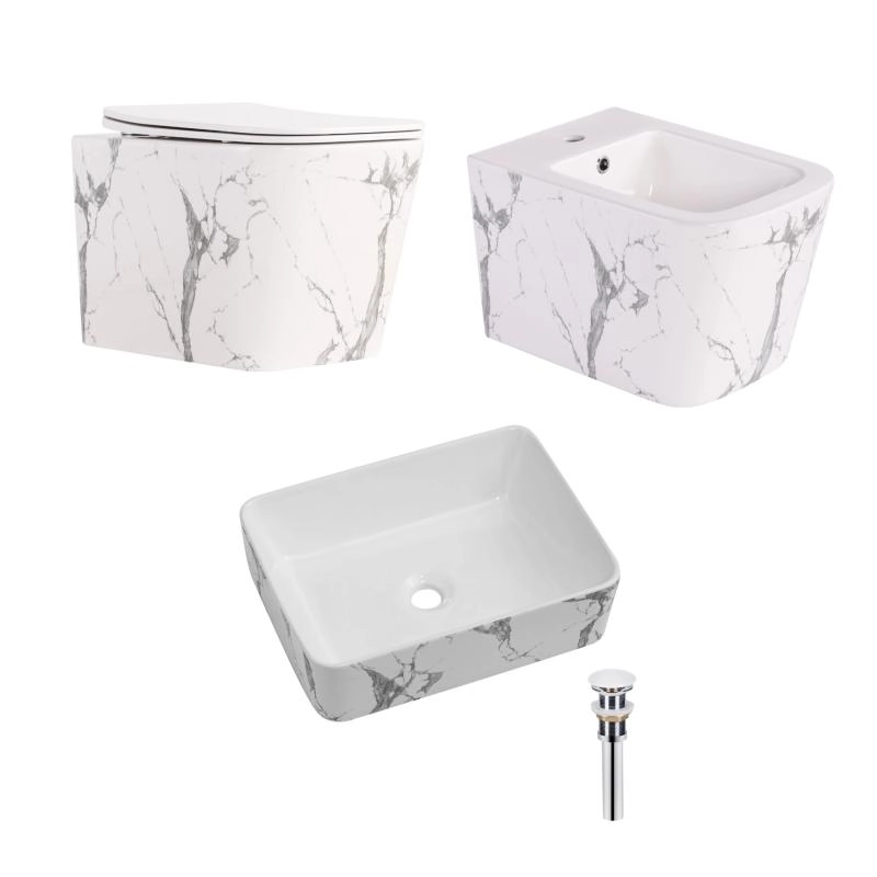 Комплект Qtap Tern Marble 3 в 1: підвісний унітаз Ultra Quiet + біде підвісне + раковина накладна QTTERMR49164 (SD00055288)
