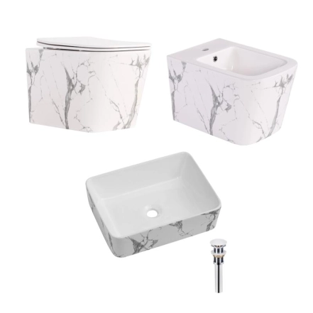 Комплект Qtap Tern Marble 3 в 1: підвісний унітаз Ultra Quiet + біде підвісне + раковина накладна QTTERMR49164 (SD00055288)