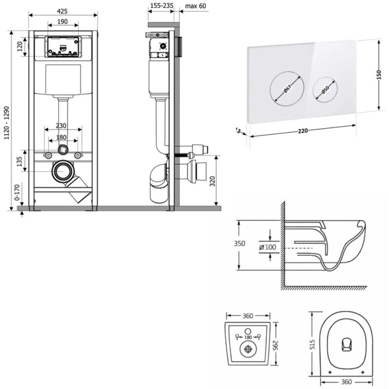 Готовое решение Qtap для ванной комнаты: подвесной унитаз Taurus Ultra Quiet 515×360×350 + комплект инсталляции Nest 4 в 1 (круглая клавиша White) (SD00055990) Фото - 6