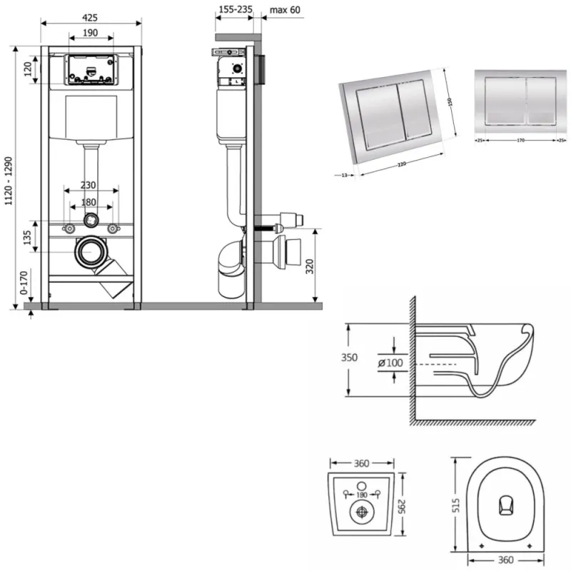 Готовое решение Qtap для ванной комнаты: подвесной унитаз Taurus Ultra Quiet 515×360×350 + комплект инсталляции Nest 4 в 1 (квадратная клавиша Chrome) (SD00055995) Фото - 6