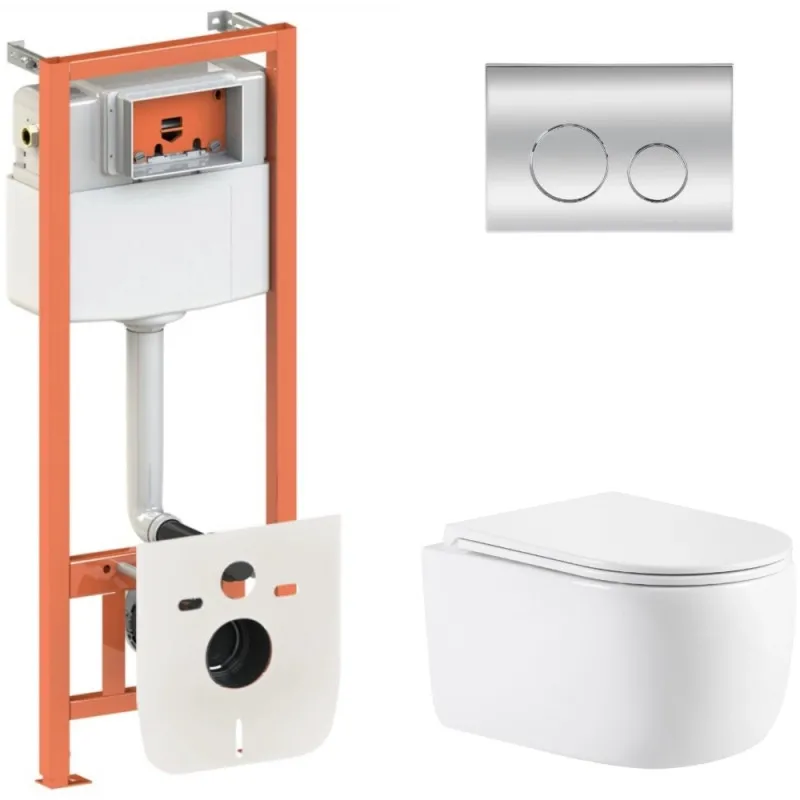 Готовое решение Qtap для ванной комнаты: подвесной унитаз Taurus Ultra Quiet 515×360×350 + комплект инсталляции Nest 4 в 1 (круглая клавиша Chrome) (SD00055996)