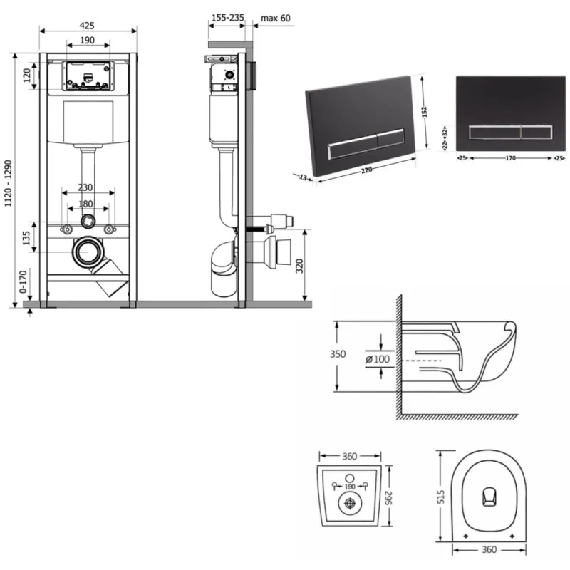 Готовое решение Qtap для ванной комнаты: подвесной унитаз Taurus Ultra Quiet 515×360×350 + комплект инсталляции Nest 4 в 1 (линейная клавиша Matt Black) (SD00055997) Фото - 6