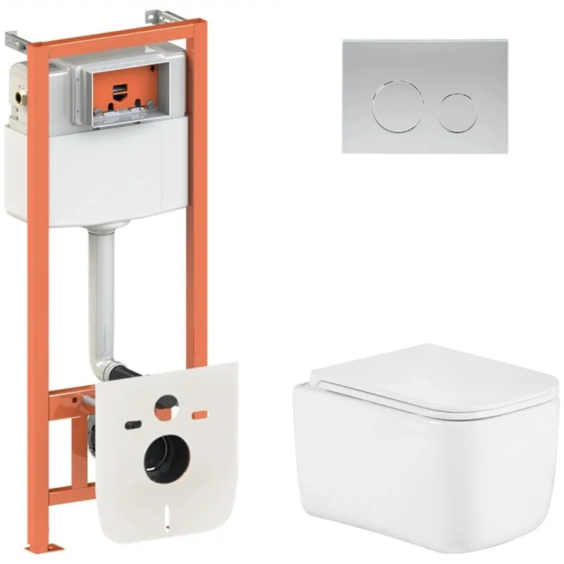 Готовое решение Qtap для ванной комнаты: подвесной унитаз Gemini Ultra Quiet 485×340×350 + комплект инсталляции Nest 4 в 1 (круглая клавиша Satin) (SD00056002)