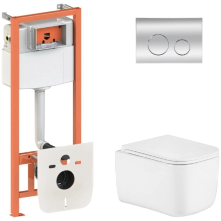 Готовое решение Qtap для ванной комнаты: подвесной унитаз Gemini Ultra Quiet 485×340×350 + комплект инсталляции Nest 4 в 1 (круглая клавиша Chrome) (SD00056006)