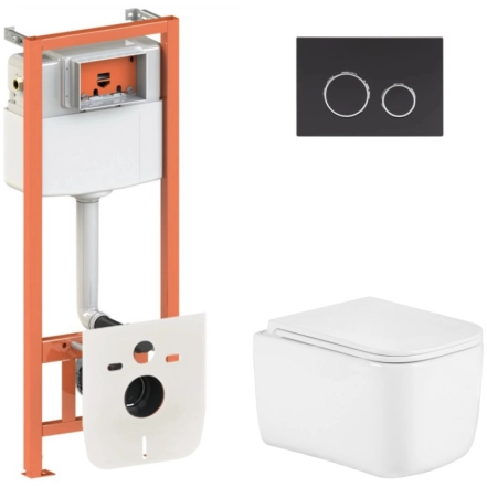Готовое решение Qtap для ванной комнаты: подвесной унитаз Gemini Ultra Quiet 485×340×350 + комплект инсталляции Nest 4 в 1 (круглая клавиша Matt Black) (SD00056008)