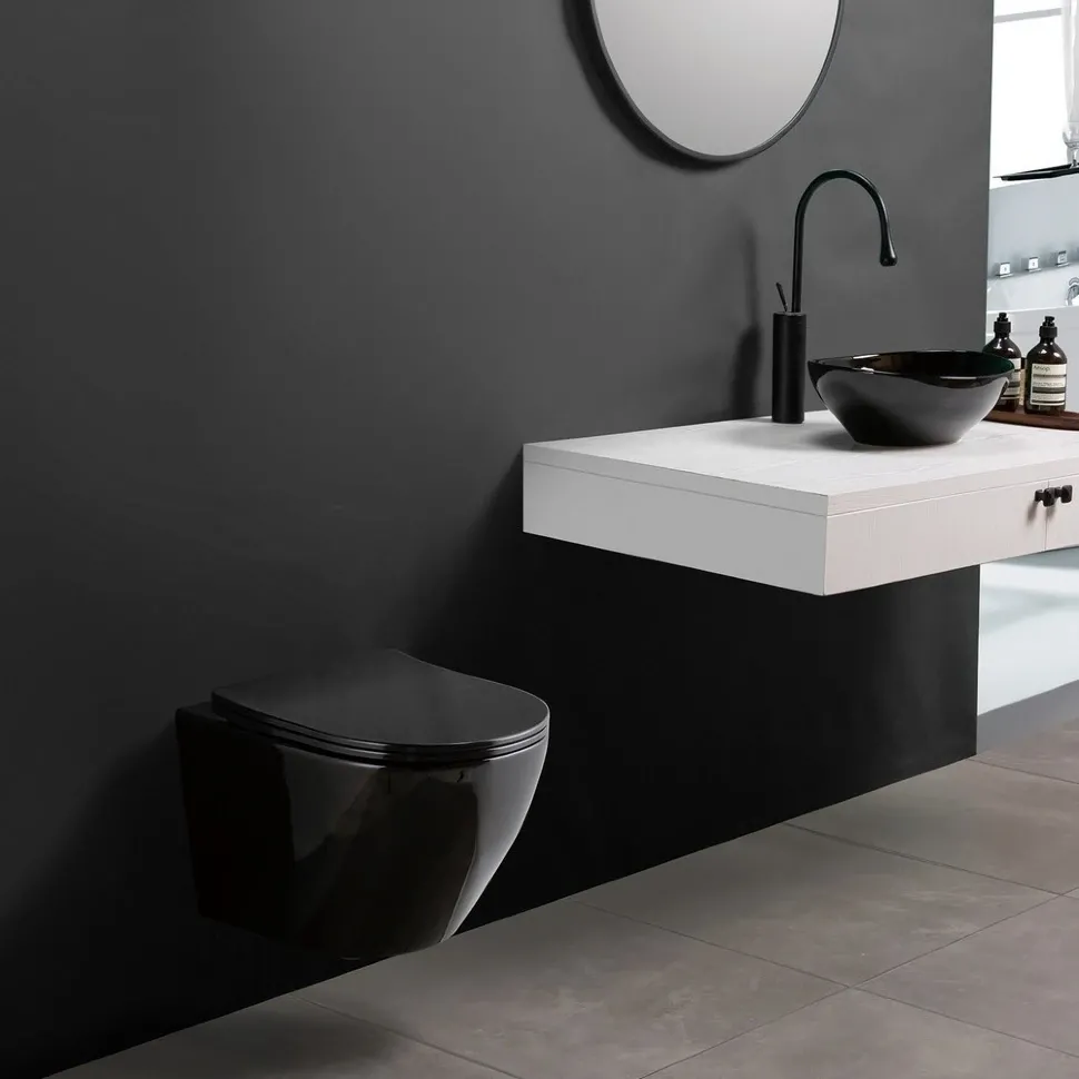 Унітаз Rea Carlo Mini Flat black gloss підвісний без обідка, сидіння дюропластів повільно падаюче (REA-C8936) Фото - 1