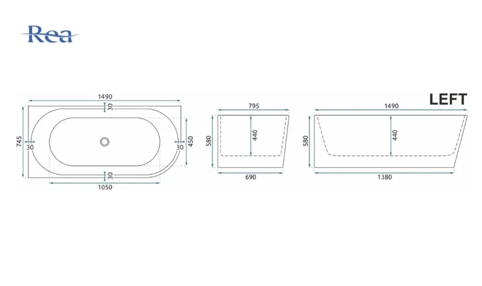 Ванна акрилова Rea Bellanto 150x75 + сифон + пробка click/clack, ліва (REA-W0250) Фото - 2