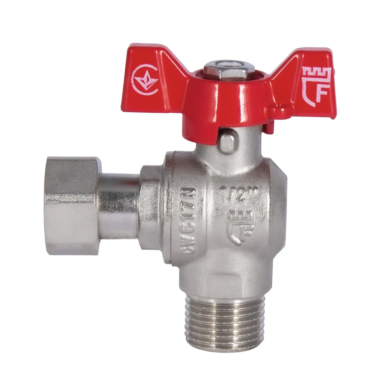 Кран кульовий з накидною гайкою SD Forte1/2" ВЗ для води кутовий SF224W15