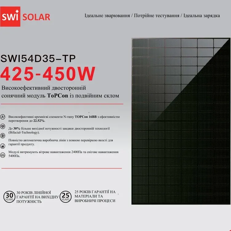 Солнечная панель 450Вт двусторонняя SWI Solar с двойным стеклом (SWI54D35-TP) Фото - 1
