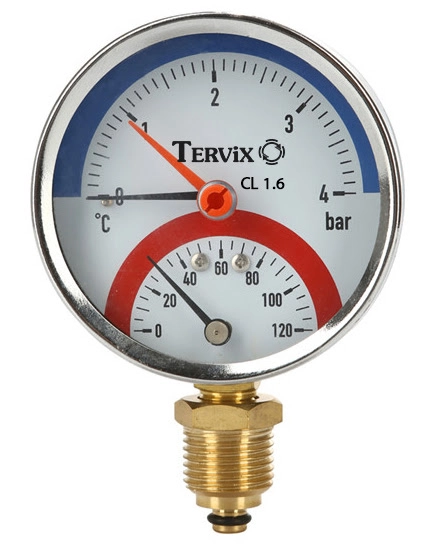 Термоманометр Tervix Pro Line 80/0-10 бар, 0-120 С, радиальный, с монтажным клапаном 1/2" (357318)