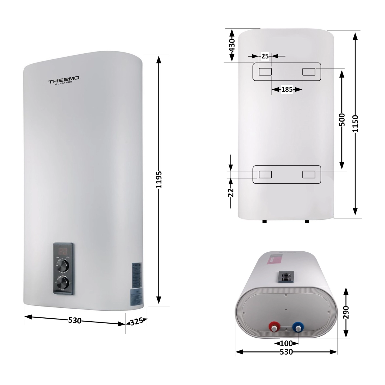 Водонагрівач електричний Thermo Alliance 100 л  плоский вертикальний, сухий ТЕН 2 кВт (0,8+1,2) (DT100V20G(PD)/2) Фото - 1