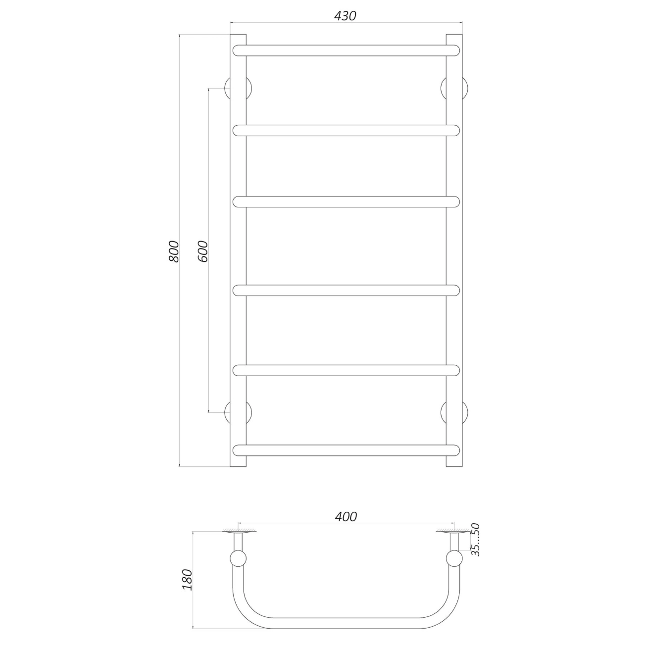 Полотенцесушитель UNIO LS W 800-400-6 Лесенка Скоба Скоба вода Фото - 2