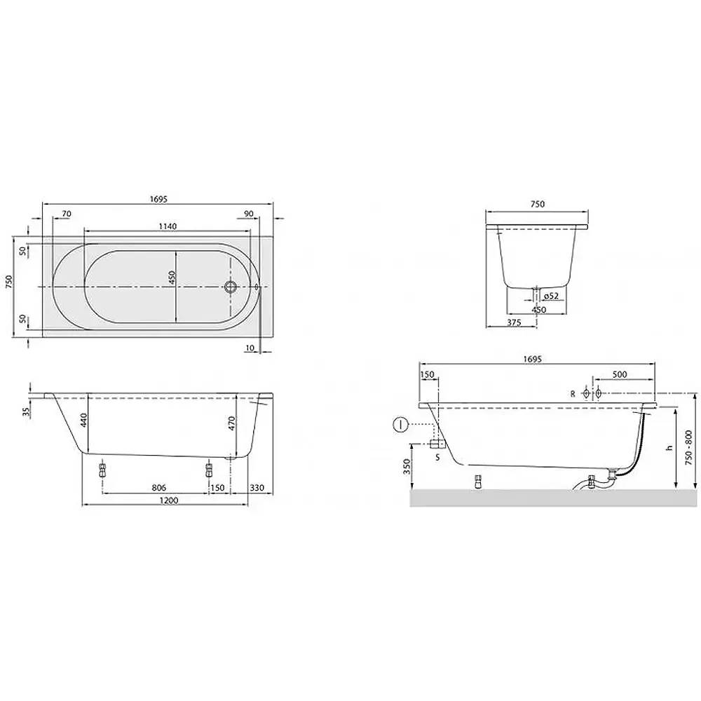 Ванна акриловая Villeroy&Boch O. Novo/Cassandra 170x75 см (uBA170CAS2V-01) Фото - 1