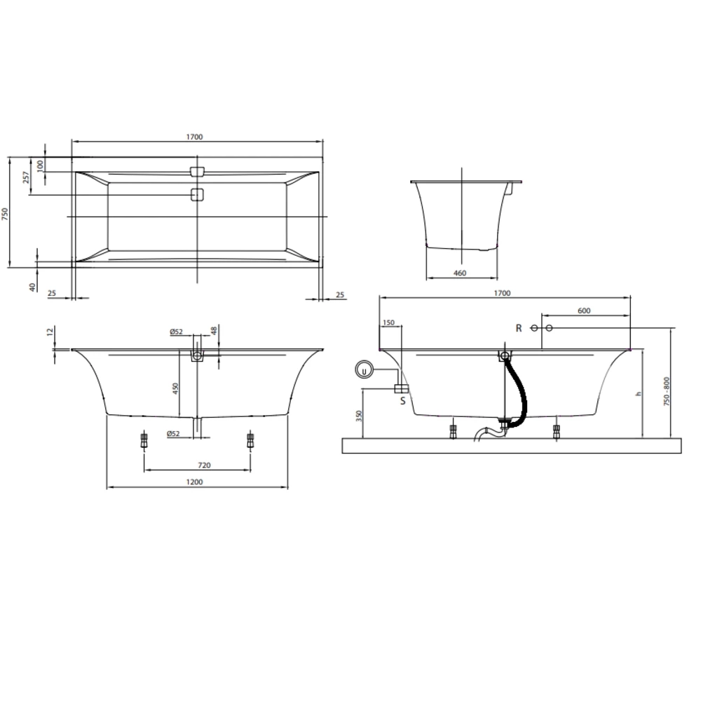 Ванна квариловая Villeroy&Boch Squaro Edge 170х75 см с ножками (uBQ170SQE2DV-01) Фото - 2