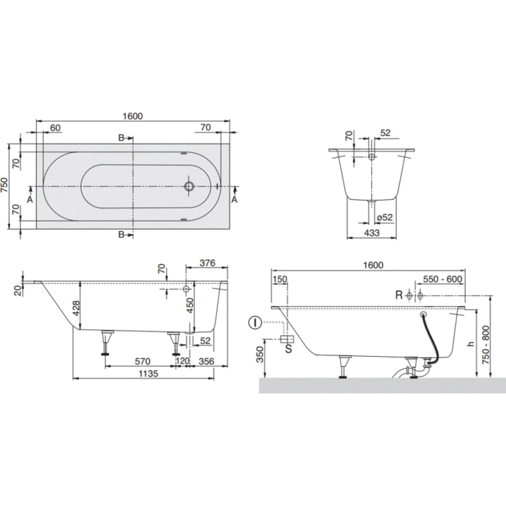 Ванна кварилова Villeroy & Boch Oberon, 160x75 (UBQ160OBE2V-01) Фото - 1