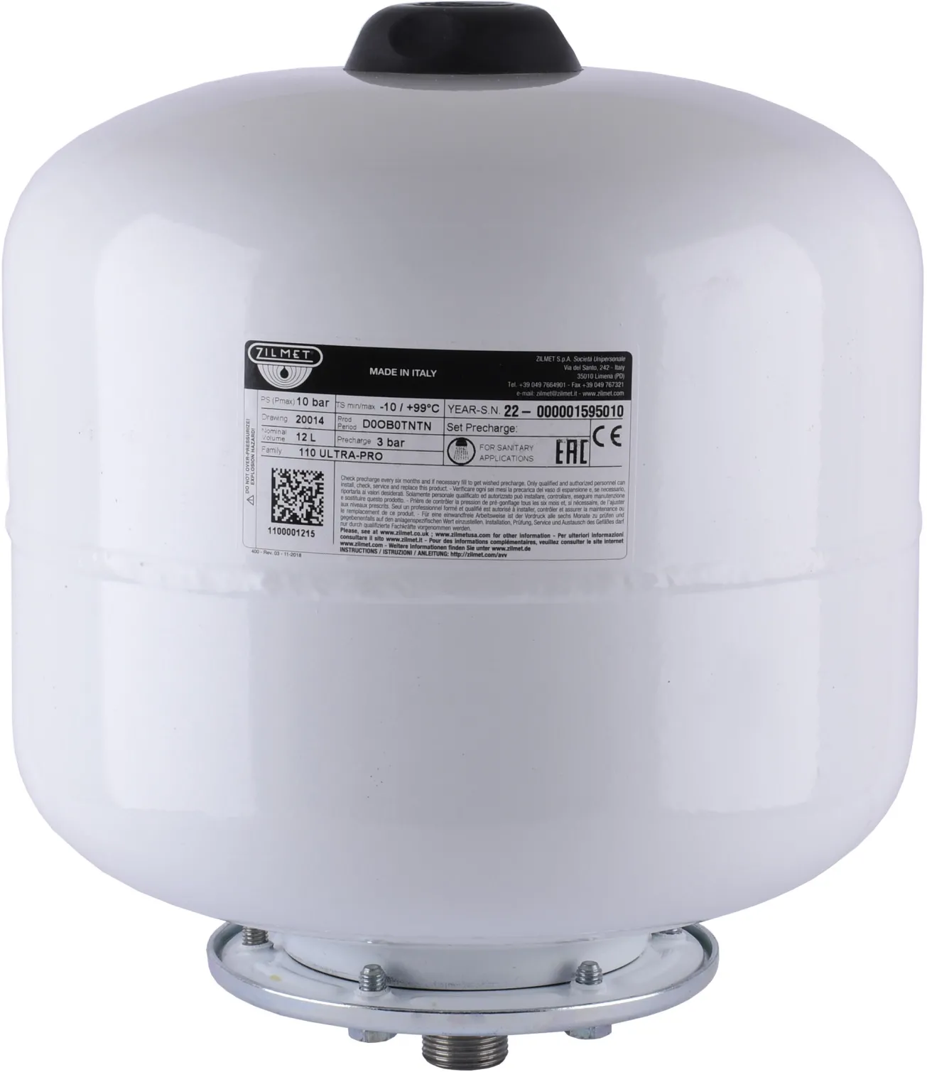 Гідроакумулятор зі змінною мембраною Zilmet ULTRA-pro 10bar, білий, 12л 